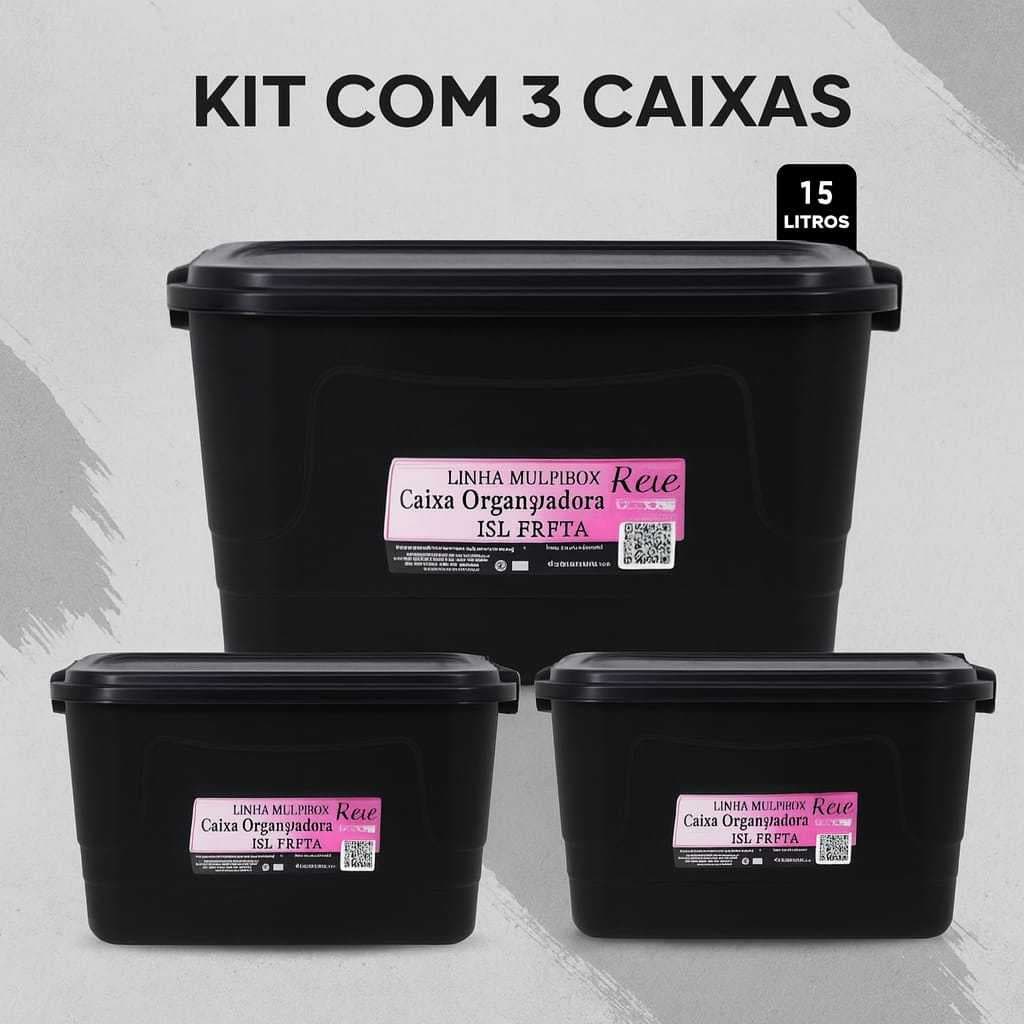 Kit 3 Caixas 15 Litros Organizadora Cor Preta Com Tampa Para Vedação Linha Multibox Multiuso Plastico Resistente
