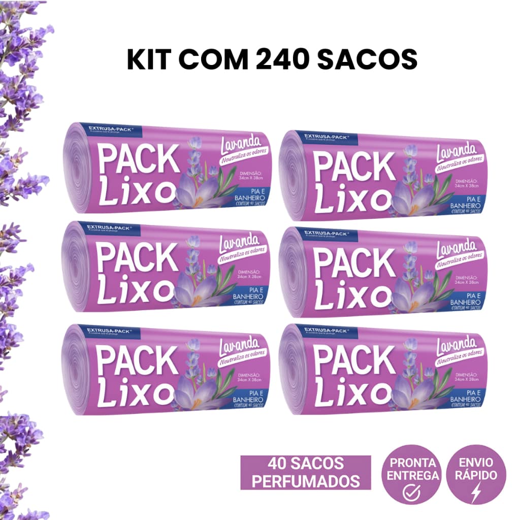 Kit 6 Rolos Lavanda Pia 240 Sacos Perfumado Antiodor Lixeira Banheiro Cozinha Reciclável