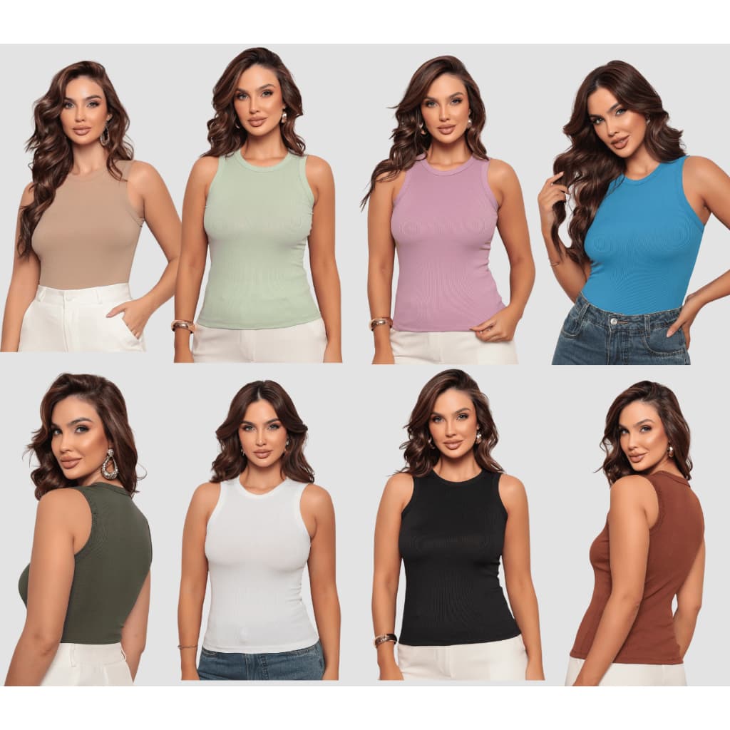Kit com Regatas Feminina Ribana Canelada Básica Blusa Casual