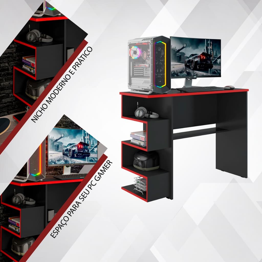 Mesa Gamer Compacta com Nichos Laterais e Design Moderno para casa
