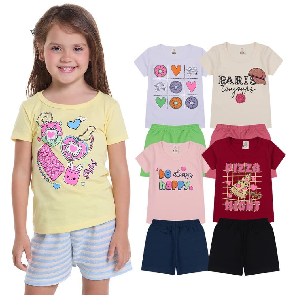 Kit Sortido 6 Peças de Roupas Infantil Menina - 3 Camisetas + 3 Bermudas - Kit 6 Conjuntos de Roupa Verão Menina Infanti