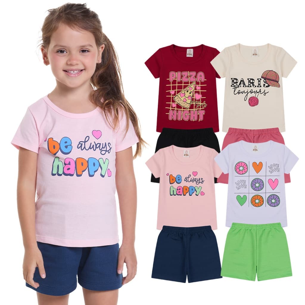 Kit Sortido 8 Peças de Roupas Infantil Menina- 4 Camisetas + 4 Bermudas - Kit 4 Conjuntos de Roupa Verão Menina Bebê