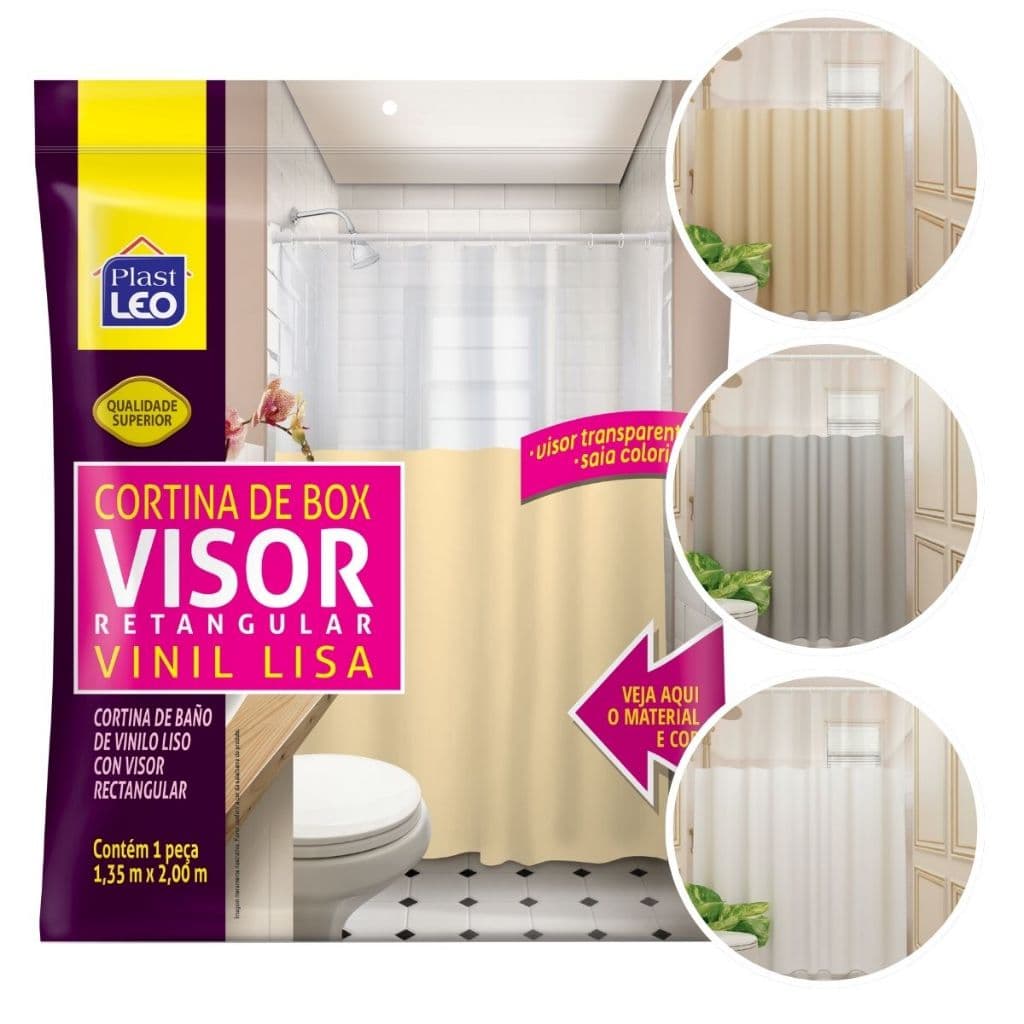 Cortina Box com Visor Lisa Em PVC Para Banheiro Anti Mofo Com Ganchos
