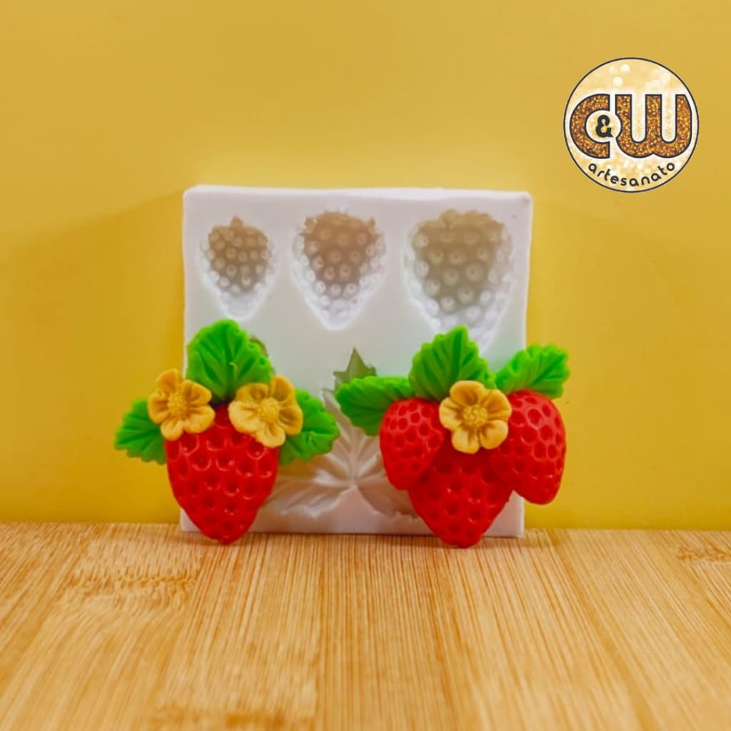 Molde Silicone Morango com Folha e Flor - Decoração, Confeitaria e Artesanato – Biscuit - Festa