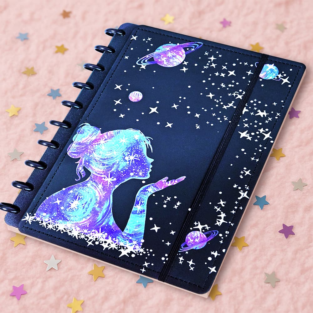 Caderno Discos Inteligentes B5 Médio 1 Matéria Capa Dura Personalizado Luxo Planner Diário Moderno Menina Fofo Galáxia