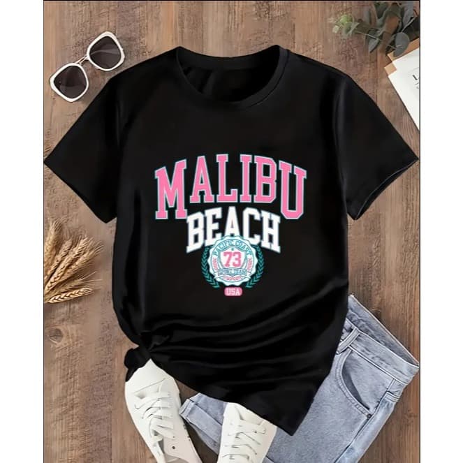 Camisa Básica Malibu Beach Moda Feminina Camiseta Casual Primavera Verão T-Shirt Manga Curta Gola Redonda