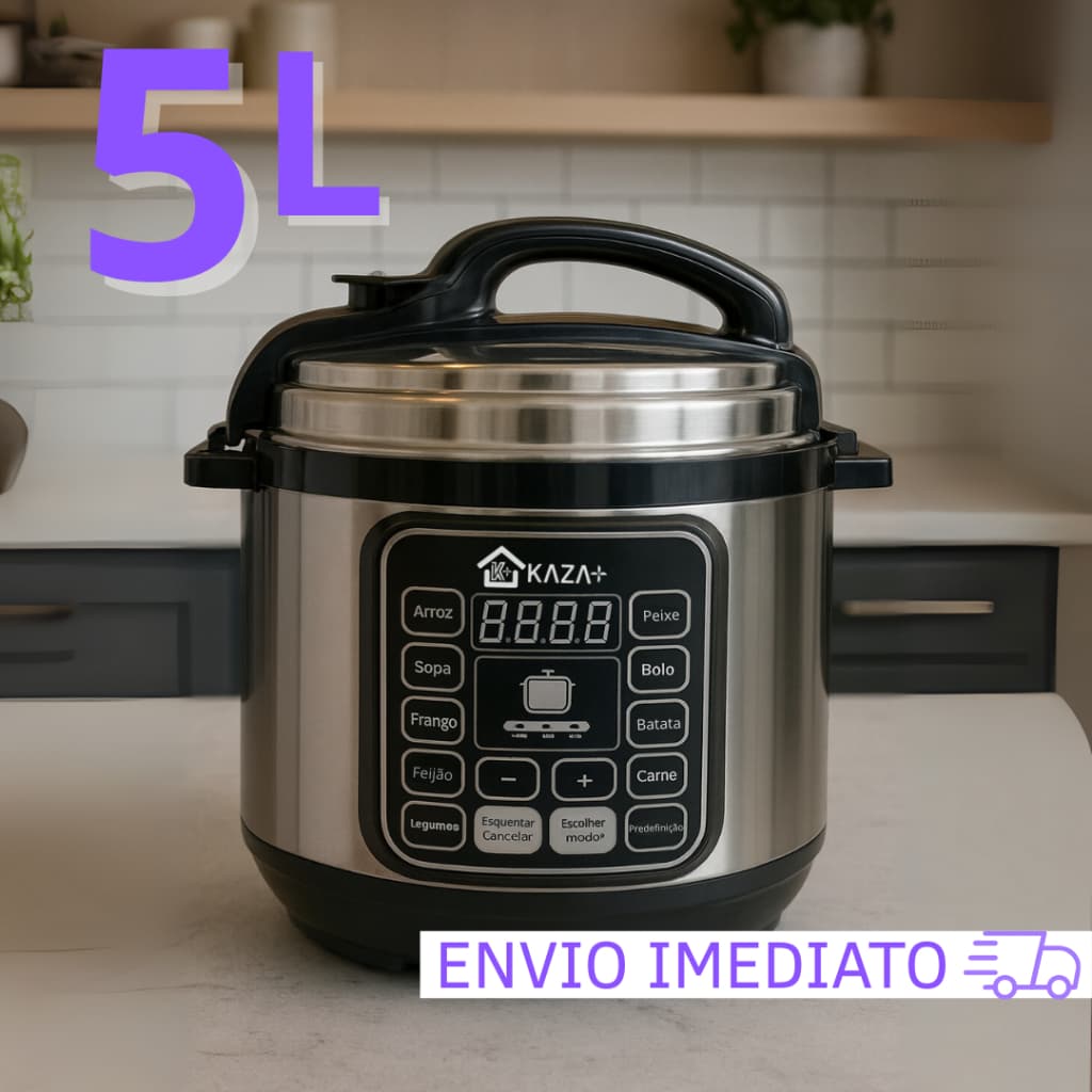 Panela De Pressão Elétrica 5L 1000W Inox Preta Digital 110V ou 220V Kaza+