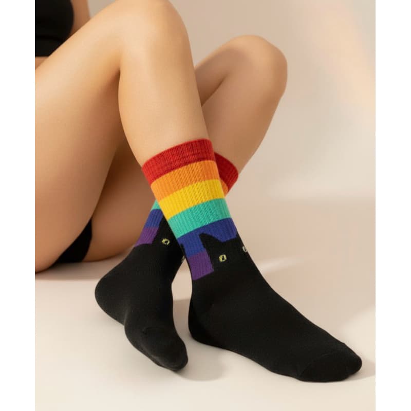 Meia Cano Alto LGBT  Gato Arco-Ires Estampada Divertida Adulto Pronta  Entrega!