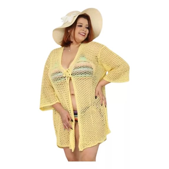 Saida de Praia Plus Size Croche Cardigan Amplo leve
