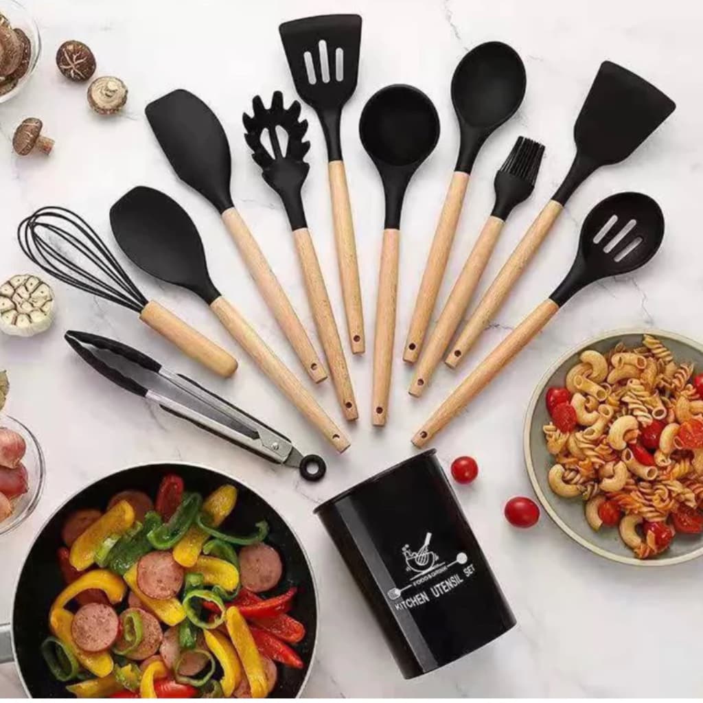 Jogo Kit C/12 Peças Utensílios De Cozinha Colheres Espatula Silicone Cabo Madeira Decoração