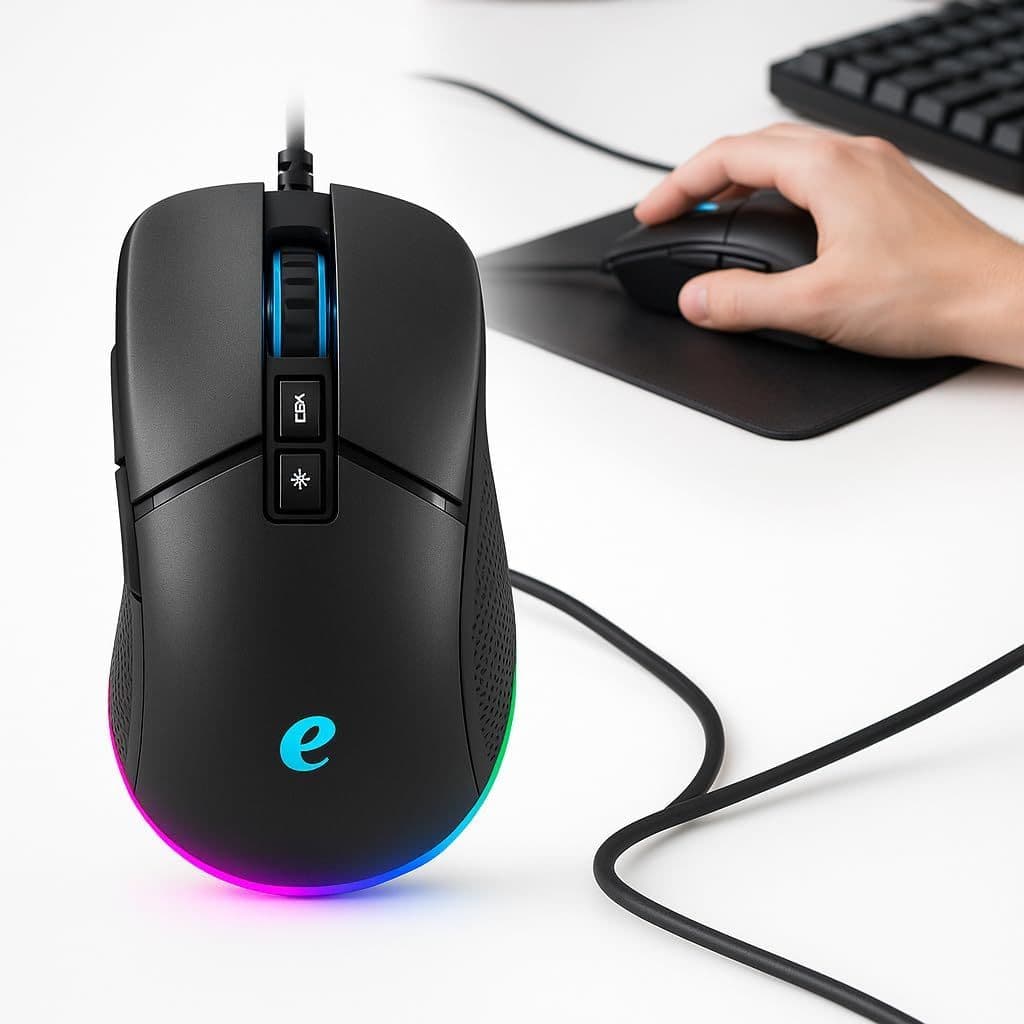 Mouse Com Fio USB EMW130, RGB com 7 Botões, DPI Óptico Gamer Ajustável até 7200 Design Ergonômico