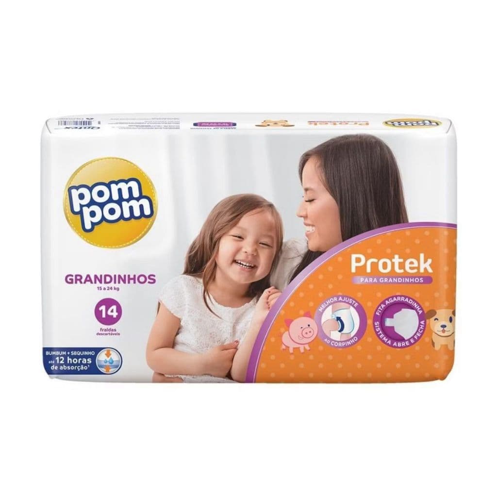 Fralda Pom Pom Protek Proteção de Mãe Grandinhos 15 a 24kg com 14 Unidades