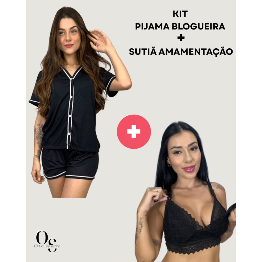 KIT Amamentação Pijama Blogueira Curto + Sutiã Gestante Maternidade