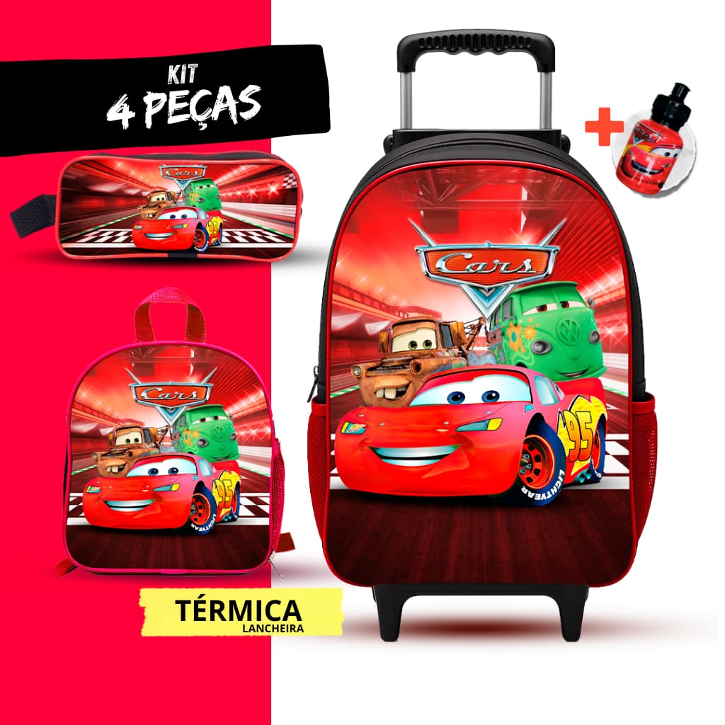 Mochila Escolar de rodinha Carros + Lancheira Térmica + Estojo