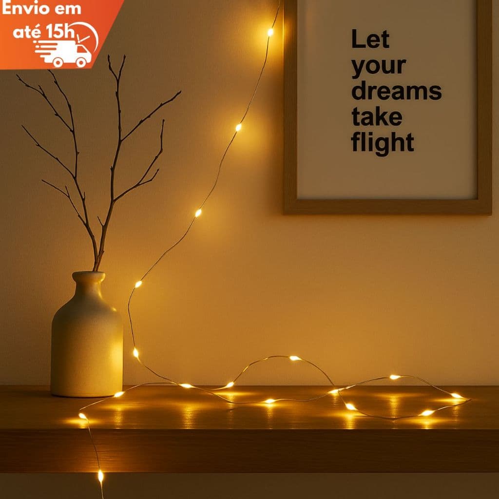 Cordão de Luz LED 2 Metros 20 LEDs Branco Quente + 2 Pilhas AA Incluso