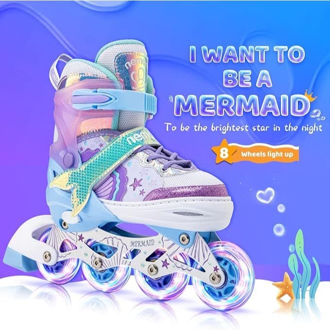 Patins Inline Infantil Roxo Sereia Com Led Menina Roller 4 Rodas Reto Presente Black Friday
