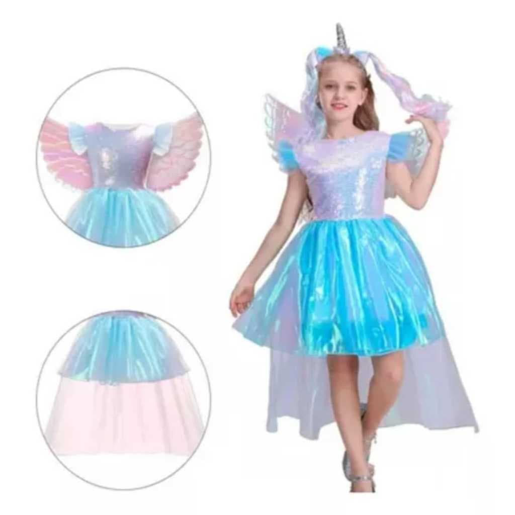 Fantasia Unicórnio Luxo Vestido com Lantejoulas Paetês Asa e Tiara Acabamento Premium Menina Festa