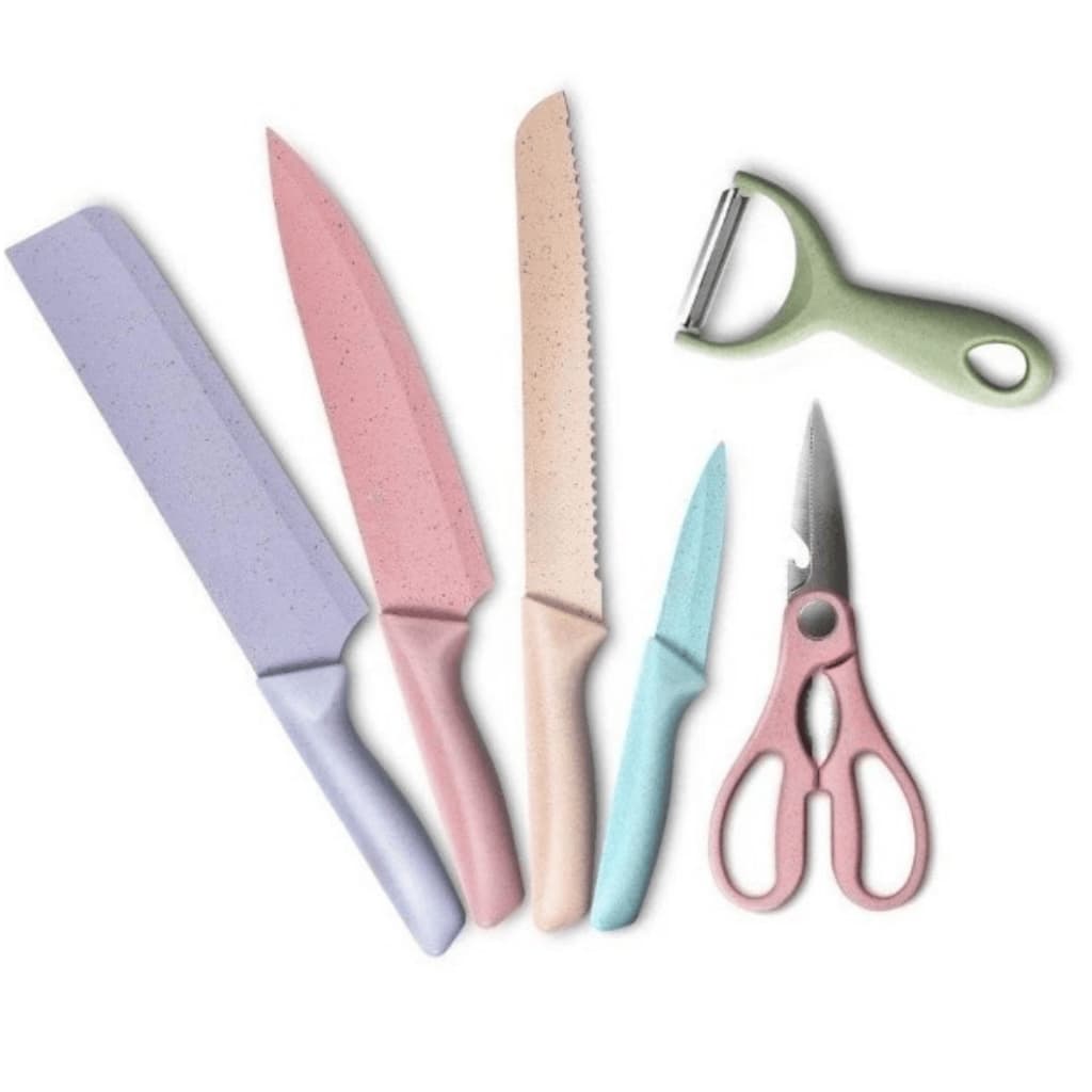 Kit 6 Peças Cozinha Gourmet Profissional Coloridas Antiaderente Tesoura Descascador