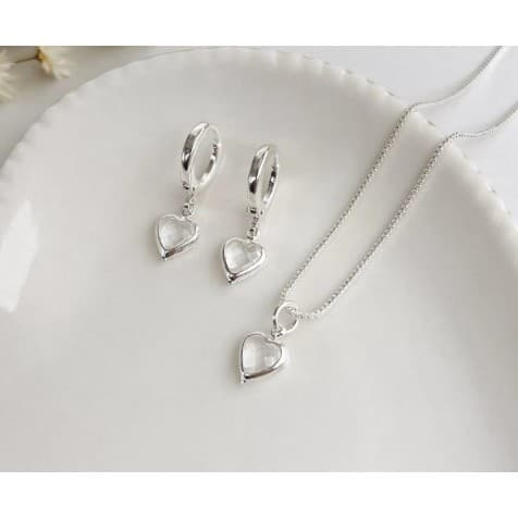 Conjunto Coração Zircônia Cristal Ponto de Luz Banhado a Prata 925