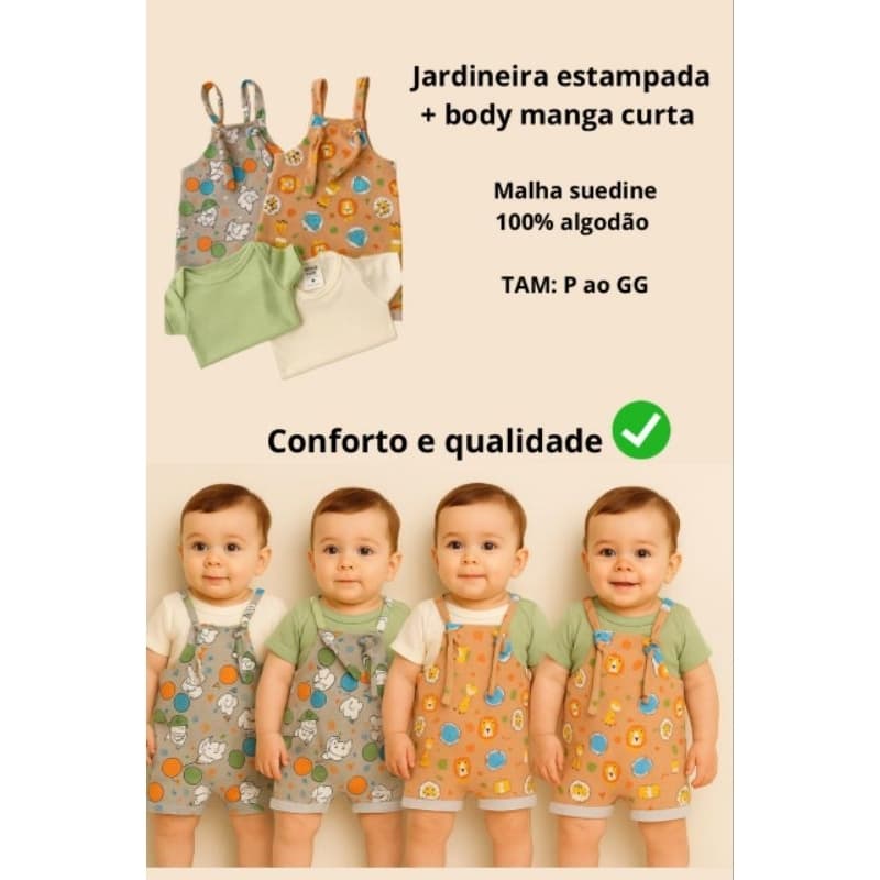🍼 Kit 4 Peças Menino Bebê – Jardineira Estampada + Body Liso – Malha Suedine 100% Algodão