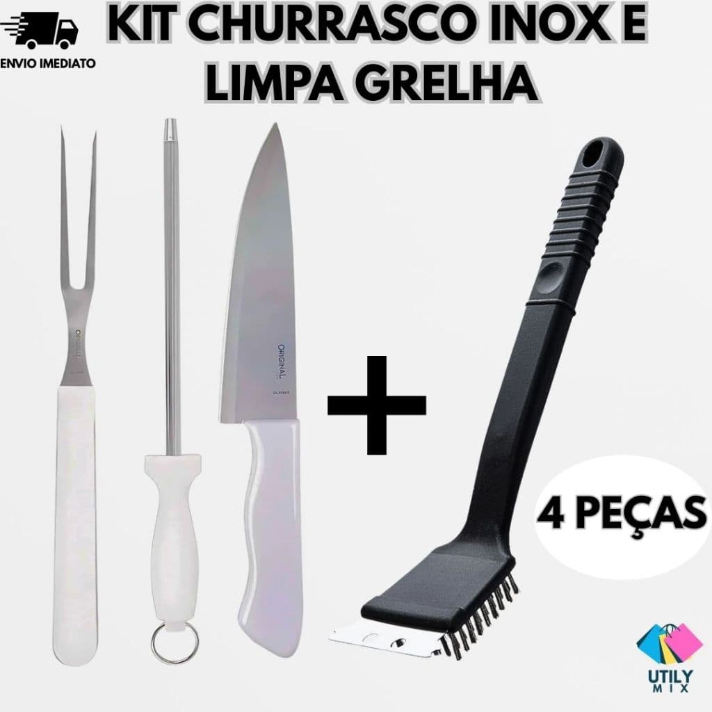 Kit Churrasco 3 peças Em Aço Inox Faca Chaira Garfo  E Limpa Grelha Com Raspador