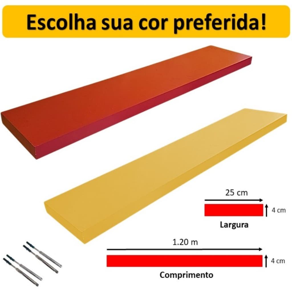 Prateleira Suporte Invisível 1.20 x 25cm Home Luxo Flutuante Grossa Vermelha Amarela Quarto Sala