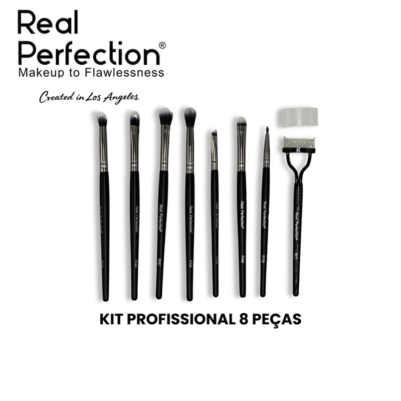 Kit 8 Pincéis Maquiagem Profissional Real Perfection Preto – Olhos, Sobrancelhas e Detalhes