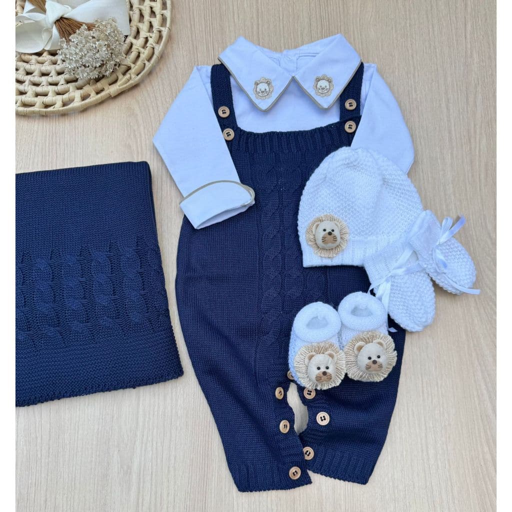 Saída de Maternidade Menino Jardineira Azul Marinho Leão Tricot Completa