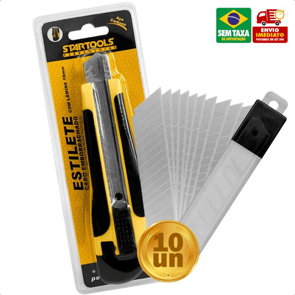Estilete Profissional Largo Emborrachado Com 10 Lâminas 0,5mm Antiferrugem Para Estilete 18mm