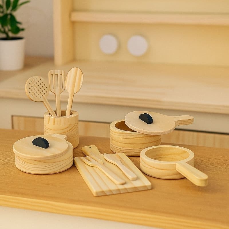 Kit Panelinhas Mini Cozinha Infantil de Madeira  Brinquedo Criativo  11 PEÇAS