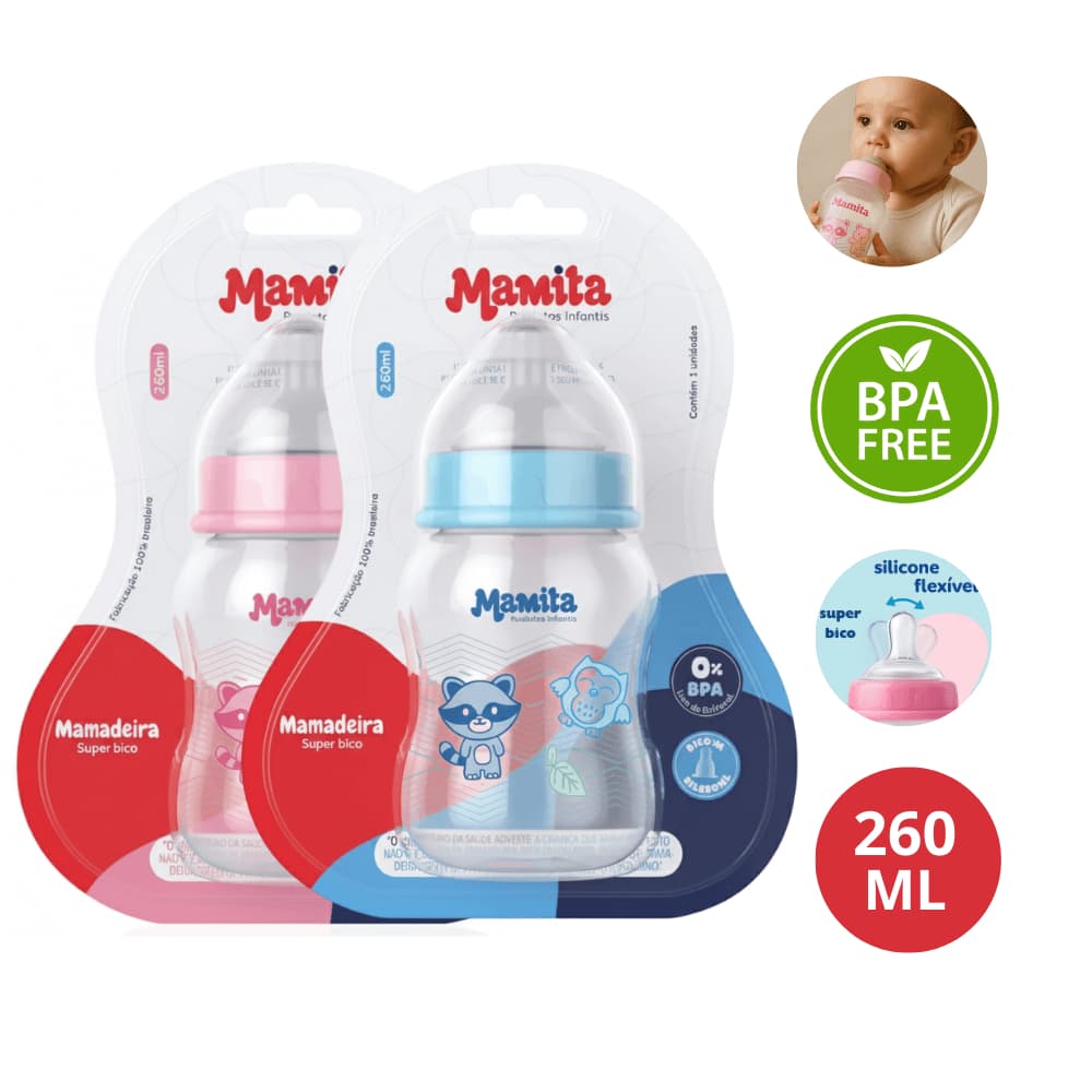 Mamadeira Mamita Bebê 260ml Com Bico de Silicone Super Macio – Rosa ou Azul