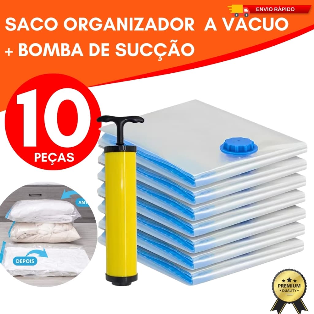 Kit 10/05 Sacos a Vácuo e Bomba de Sucção Manual Organização de Roupas Mala Viagem Guarda Roupas