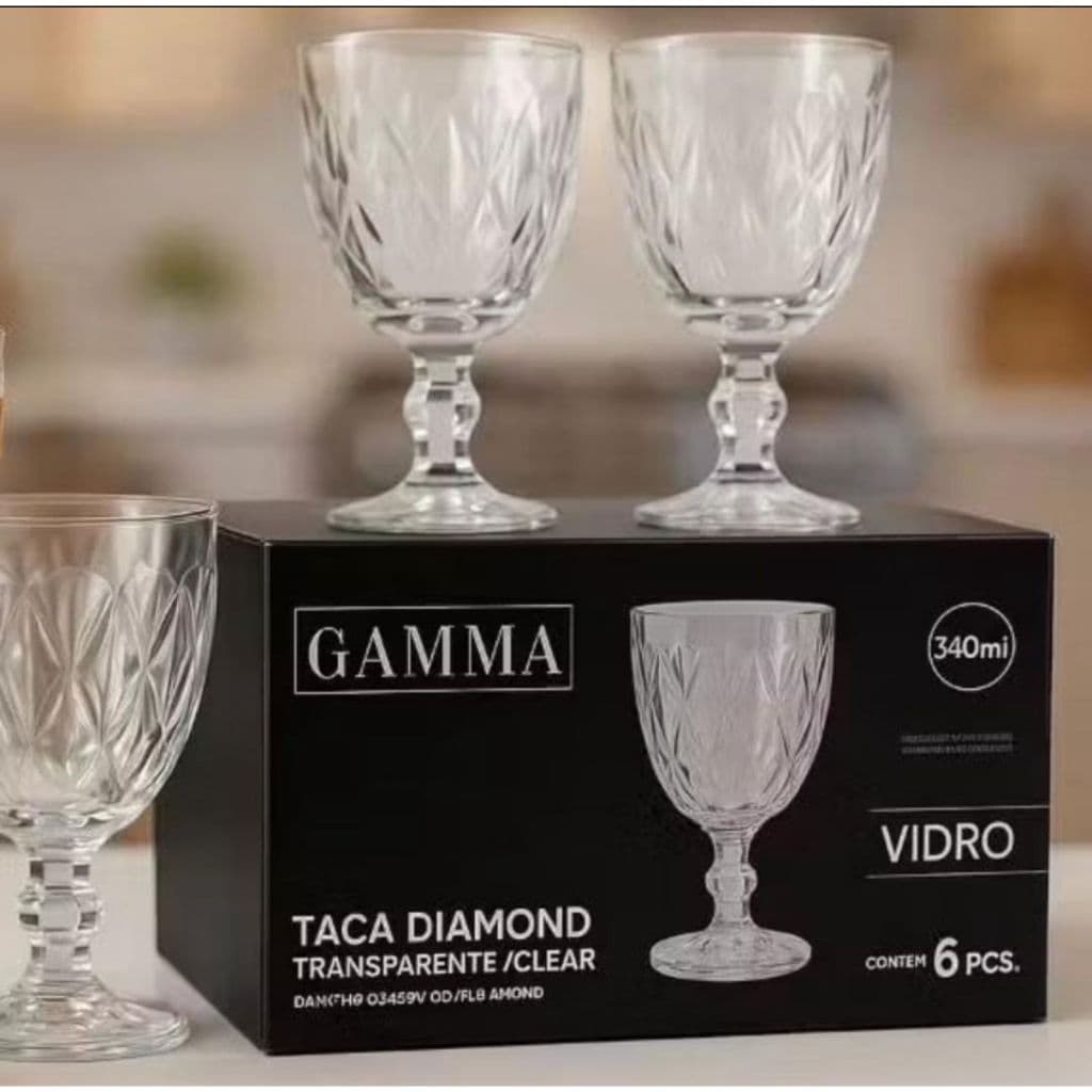 Jogo de 6 Taças Diamond de Vidro Transparente/Clear Moderno Luxo Elegância da Marca Gamma 340ml
