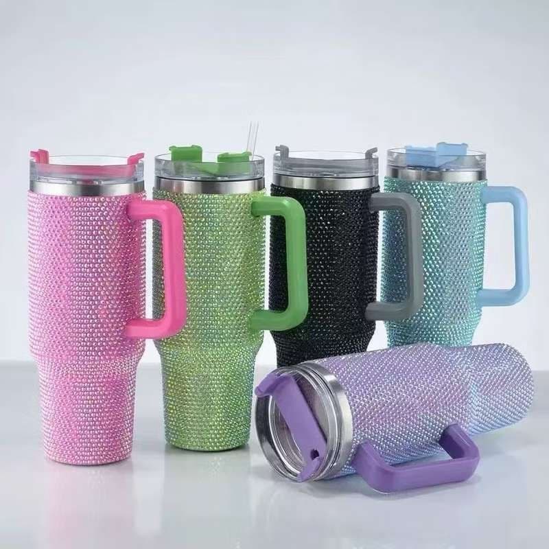 Copo Térmico 1200ml Com Strass Brilhante Com Alça Tampa E Canudo