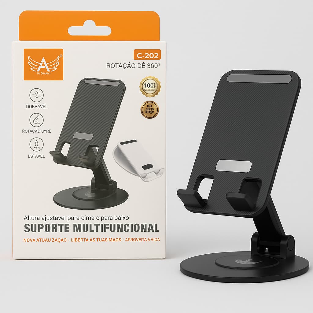 Suporte Dobrável para Celular C-202 – Rotação 360° e Altura Ajustável