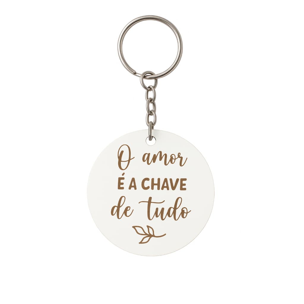 KIT 20/30/40/50 Chaveiro MDF Redondo Casamento Chá Festas com Argola – Personalizado Frase "O Amor é a Chave de Tudo"