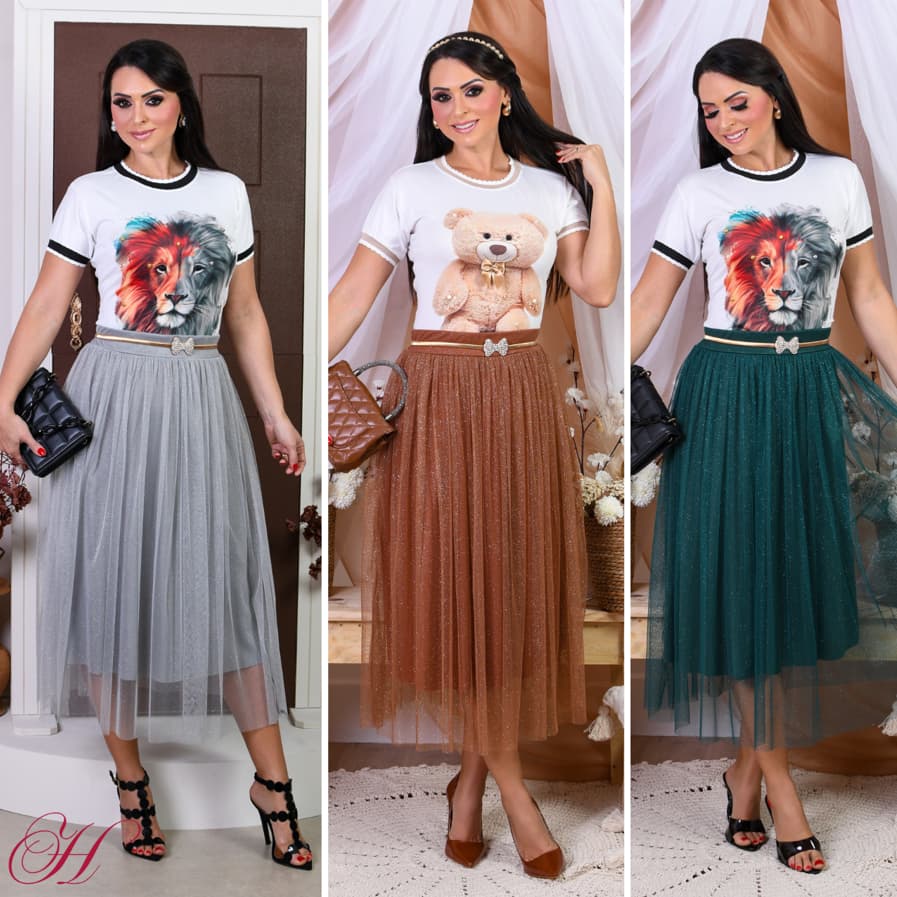 Saia Tule Cristal de Brilho Glitter Colorida Forrada Moda evangélica Para Congresso