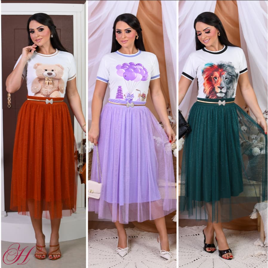 Saia Tule de Brilho Glitter Colorida Forrada Moda evangélica Para Congresso