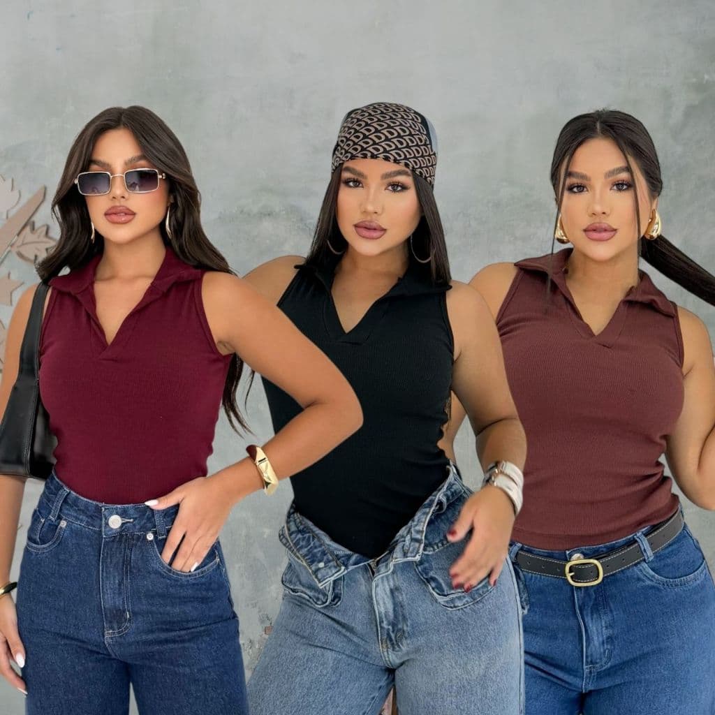 Blusa Básica Feminina Gola Polo Baby look T-shirt Coladinha Ribana Canelada