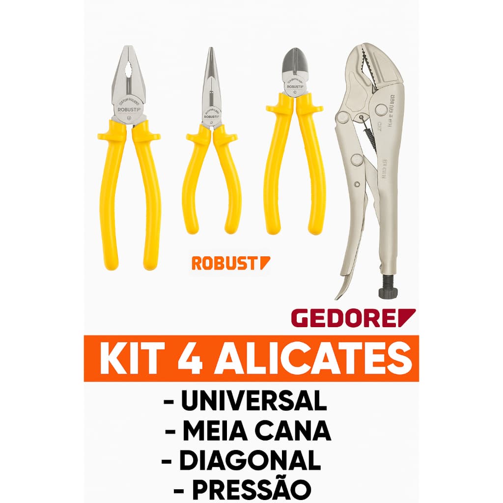 KIT Jogo com 4 Alicates GEDORE ROBUST – Universal, Meia Cana, Diagonal e Pressão – Original