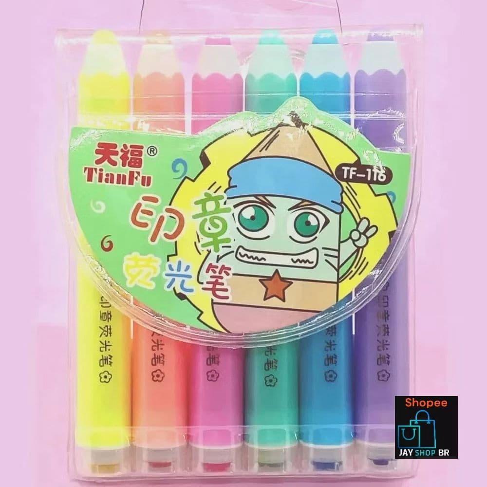 2 EM 1 Carimbo + Marca texto 6 Cores Criativa Lápis Fofa Pastéis Neon