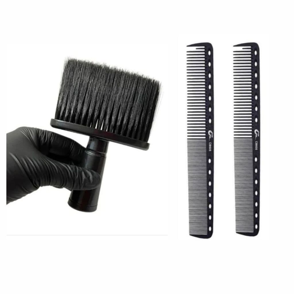 Kit 1 Espanador Madeira Barbeiro + 2 Pente De Carbono Barbearia