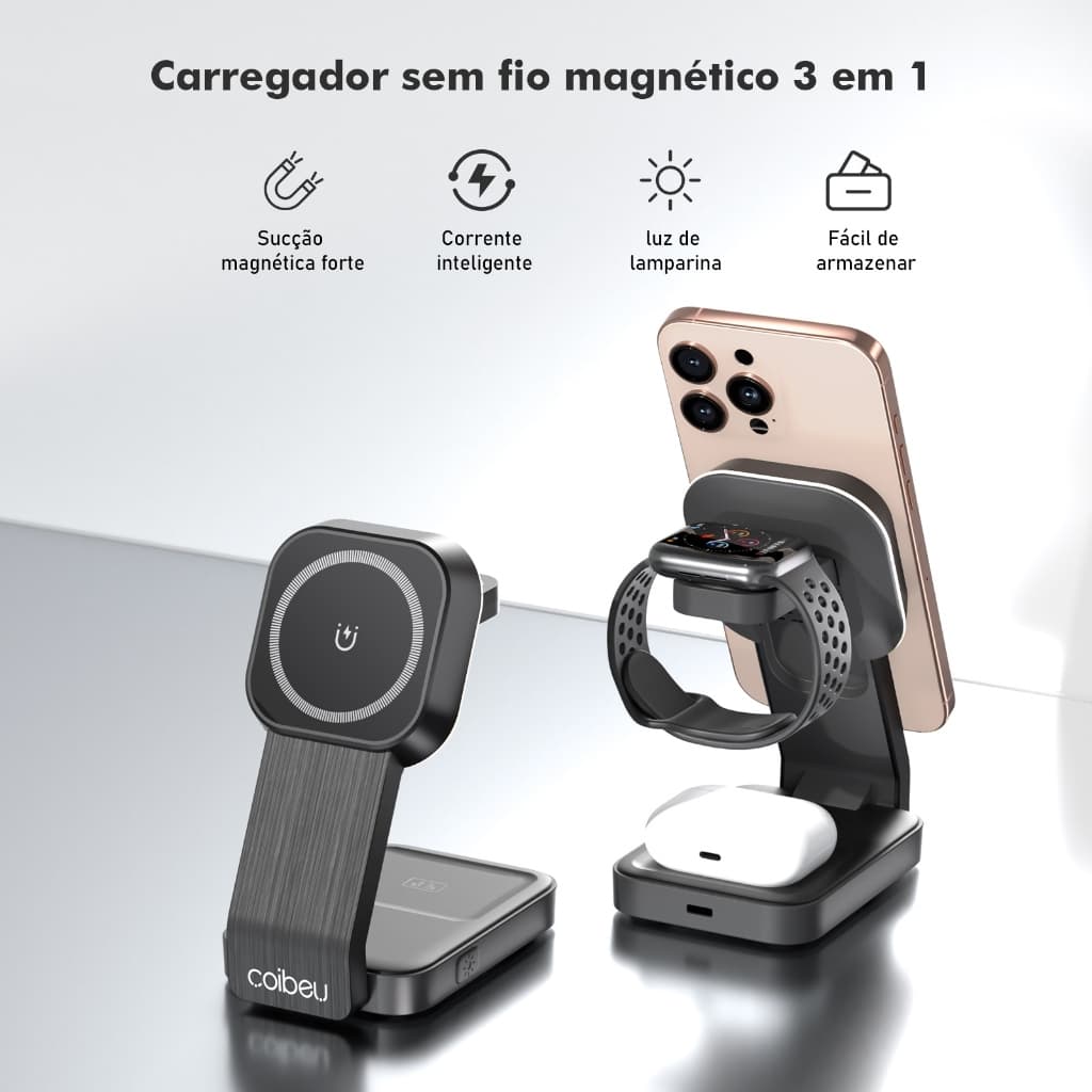 COIBEU Carregador Magnético Sem Fio 3 em 1 Tyfa Chargé – Compatível com iPhone, Android e Smartwatch
