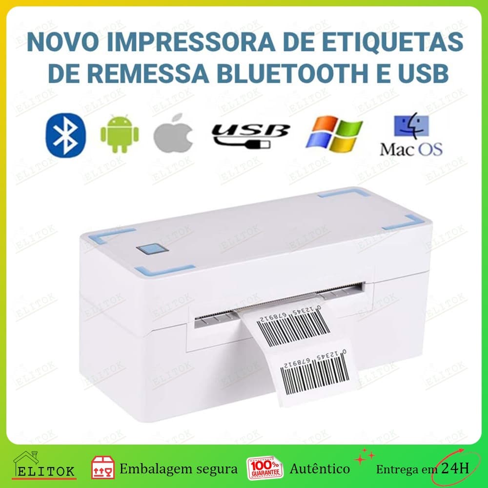 Branco Impressora Térmica 203dpi USB + Bluetooth | 108mm Largura | Etiquetas e Rótulos | Alta Velocidade