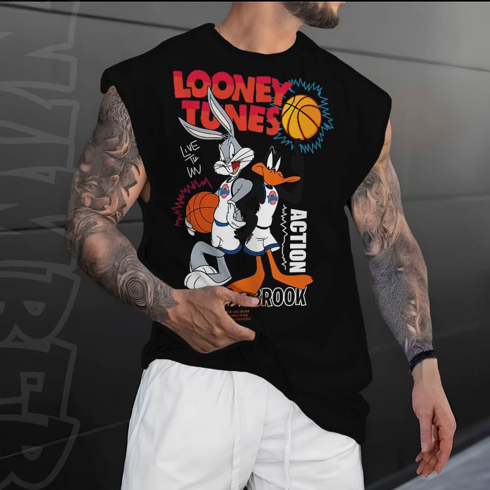 Camiseta regata machao oversized masculino de basquete Looney tunes action streetwear em algodao unissex Longline