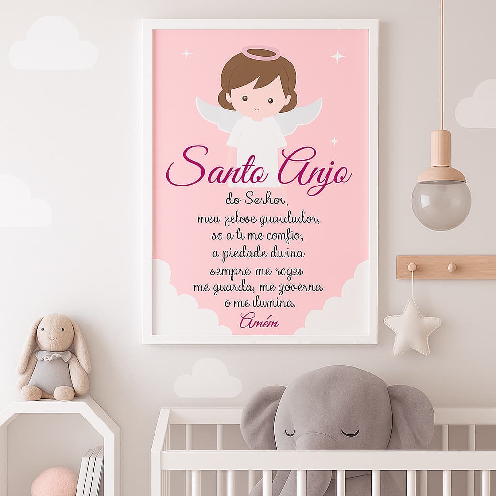 Quadro Decorativo Infantil Menina Oração Do Santo Anjo Do Senhor, Para Quarto De Criança, Cor ROSA