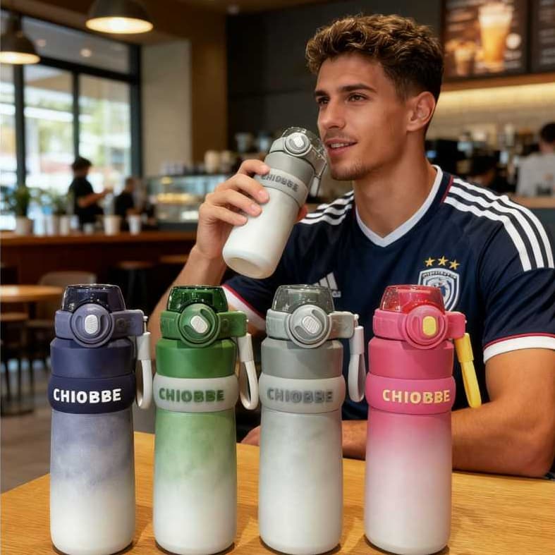 Garrafa Térmica Com Trava Anti-vazamento e Bico de Silicone Alça Lazer Esportes Inox 560ml