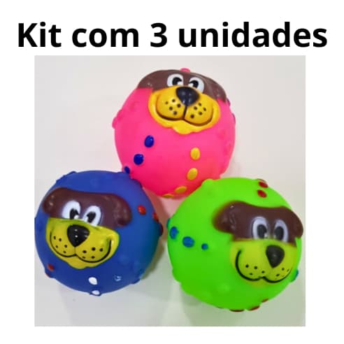 Kit 3 Brinquedo Bola Carinha com Apito Macia  Cor Sortida para Pet