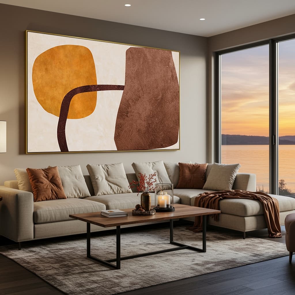 Quadro Decorativo Abstrato Marrom e Caramelo Para Sala Alto Padrão Hall