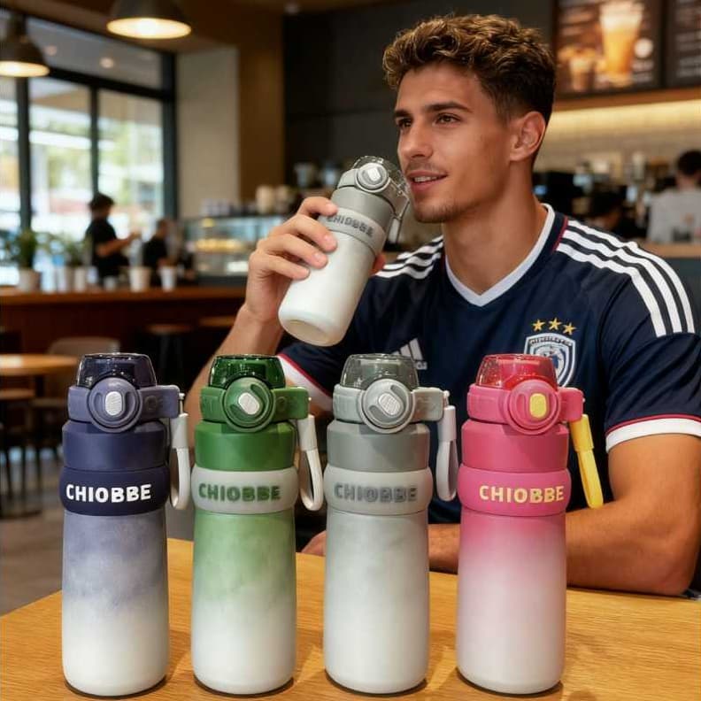 Garrafa Térmica Com Trava e Bico de Silicone Alça Lazer Esportes Inox 560ml Anti-vazamento